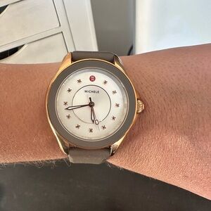 MICHELE rose gold face watch with taupe colored band